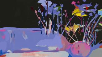 Abstract artwork featuring a reclining figure with a pink face, surrounded by colorful plants and shapes against a dark background.
