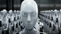 A close-up of a humanoid robot with a neutral expression standing in front of rows of identical robots in a futuristic setting.
