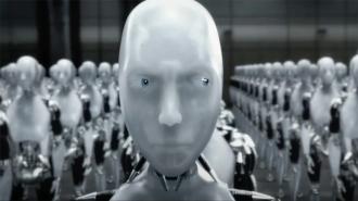 A close-up of a humanoid robot with a neutral expression standing in front of rows of identical robots in a futuristic setting.