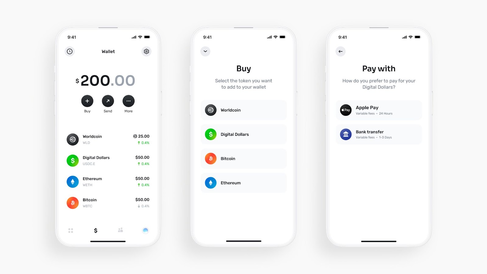 Three smartphone screens show a digital wallet app displaying balance, options to buy crypto tokens, and payment methods including Apple Pay and bank transfer.
