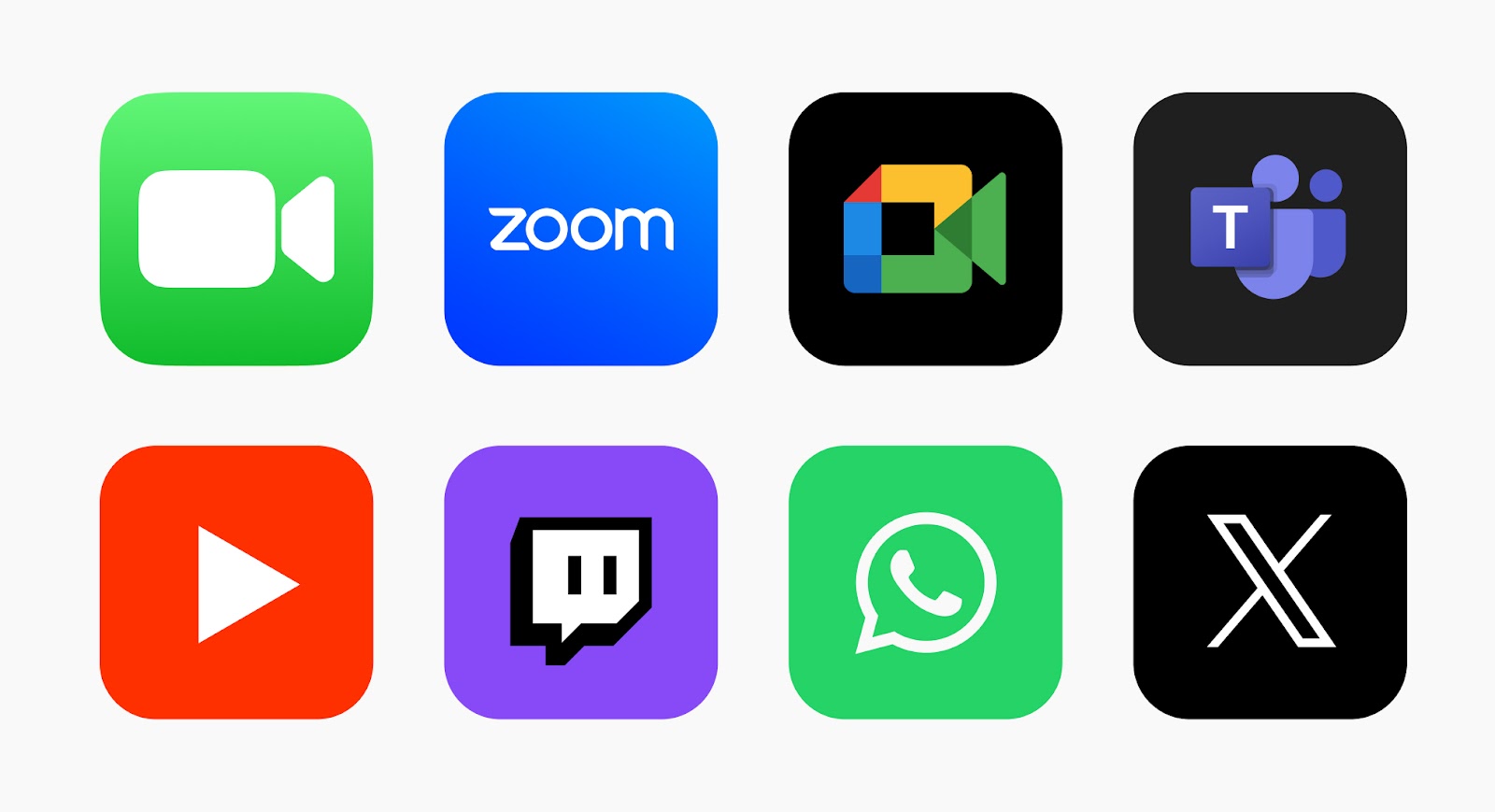 Eight app icons arranged in two rows, including Zoom, Google Meet, Microsoft Teams, YouTube, Twitch, WhatsApp, and X on colored backgrounds.