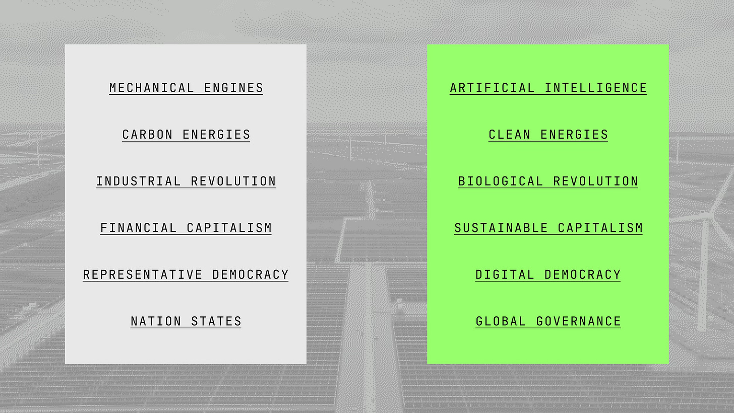Two columns compare historical and emerging trends: the left lists engines, carbon energy, industrial revolution, financial capitalism, democracy, and nation states; the right lists AI, clean energy, and related terms.