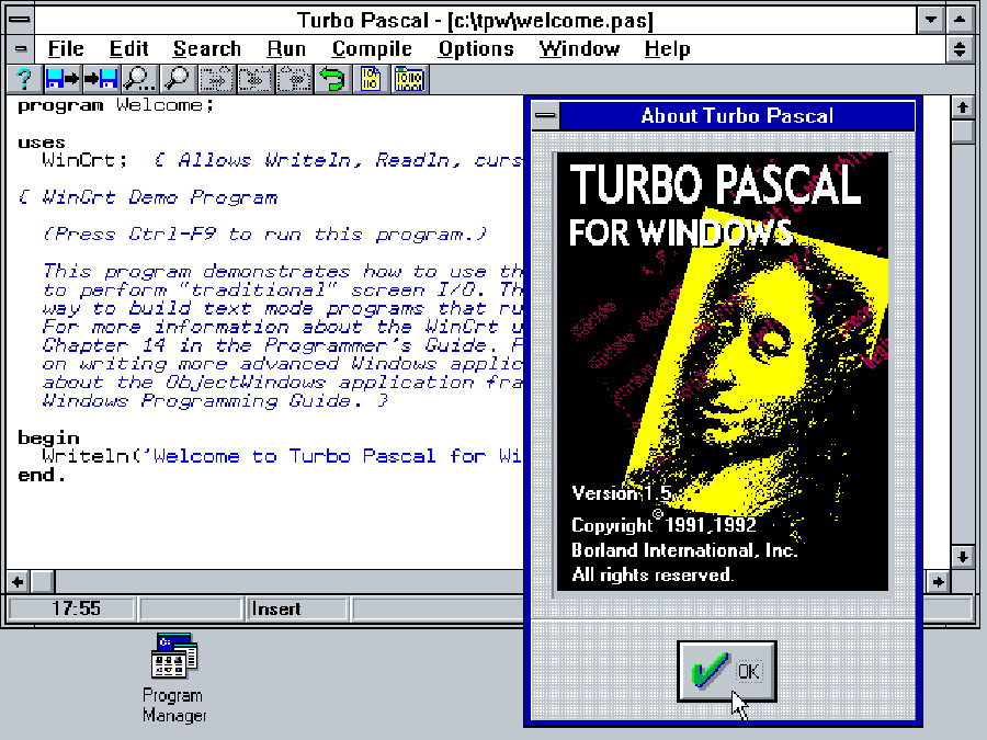 Screenshot of Turbo Pascal for Windows running on Windows, showing a code editor with sample Pascal code and an "About Turbo Pascal" dialog box in the foreground.