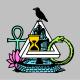 A black bird on a triangle above a fountain, with an hourglass, green ankh, pink lotus, and a green ouroboros—symbols of immortality in philosophy—encircling the triangle, all set against a gray background.