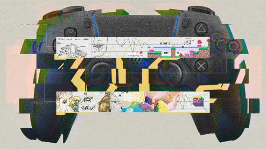 A distorted video game controller overlaid with charts, sketches, and colorful digital elements, blending technology and hand-drawn graphics.