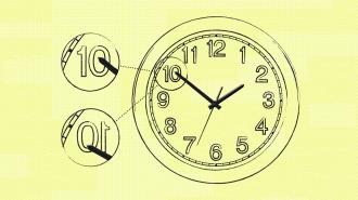 A wall clock showing the time as 10:10, with two magnified insets highlighting the 10 on the clock face and the hour hand pointing at 10.
