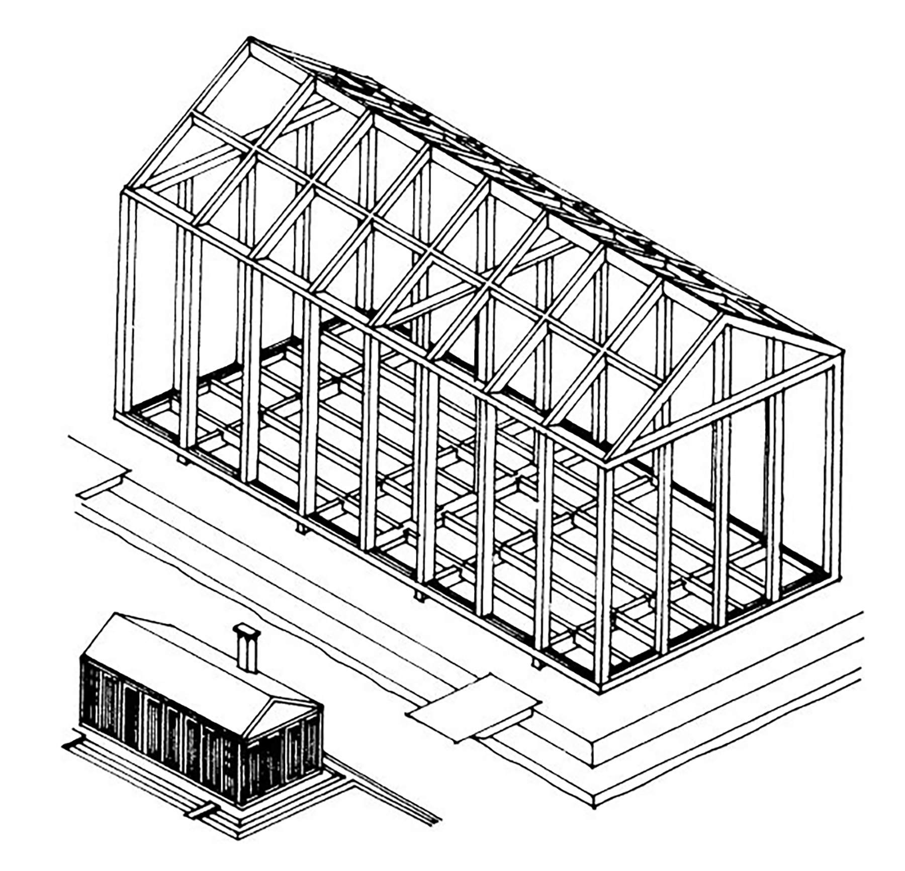 Line drawing of a house under construction, showcasing the frame structure with hints of prefabs used in its design. A smaller, completed prefab house is illustrated below.