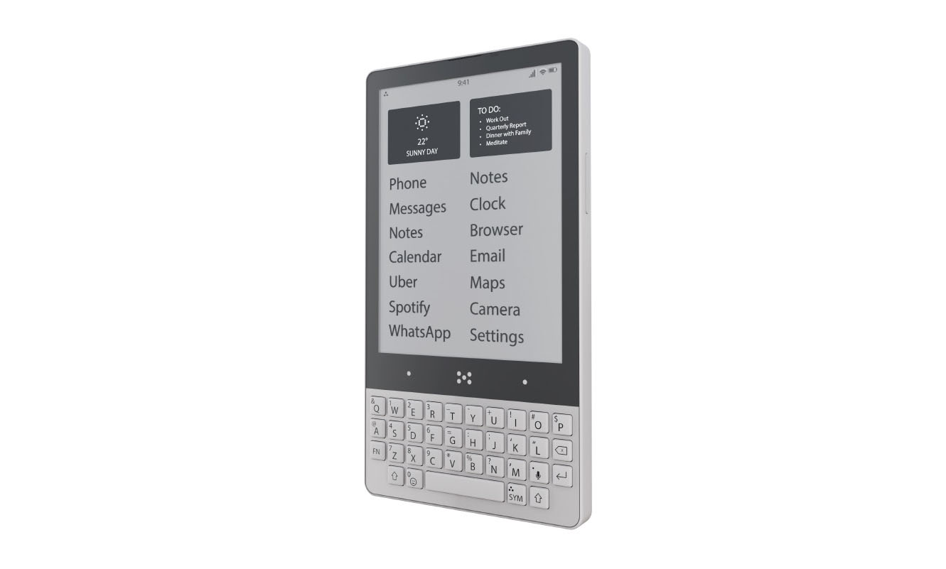 A compact e-ink dumpphone with a physical keyboard and pre-installed apps, including Phone, Messages, Notes, Calendar, and more