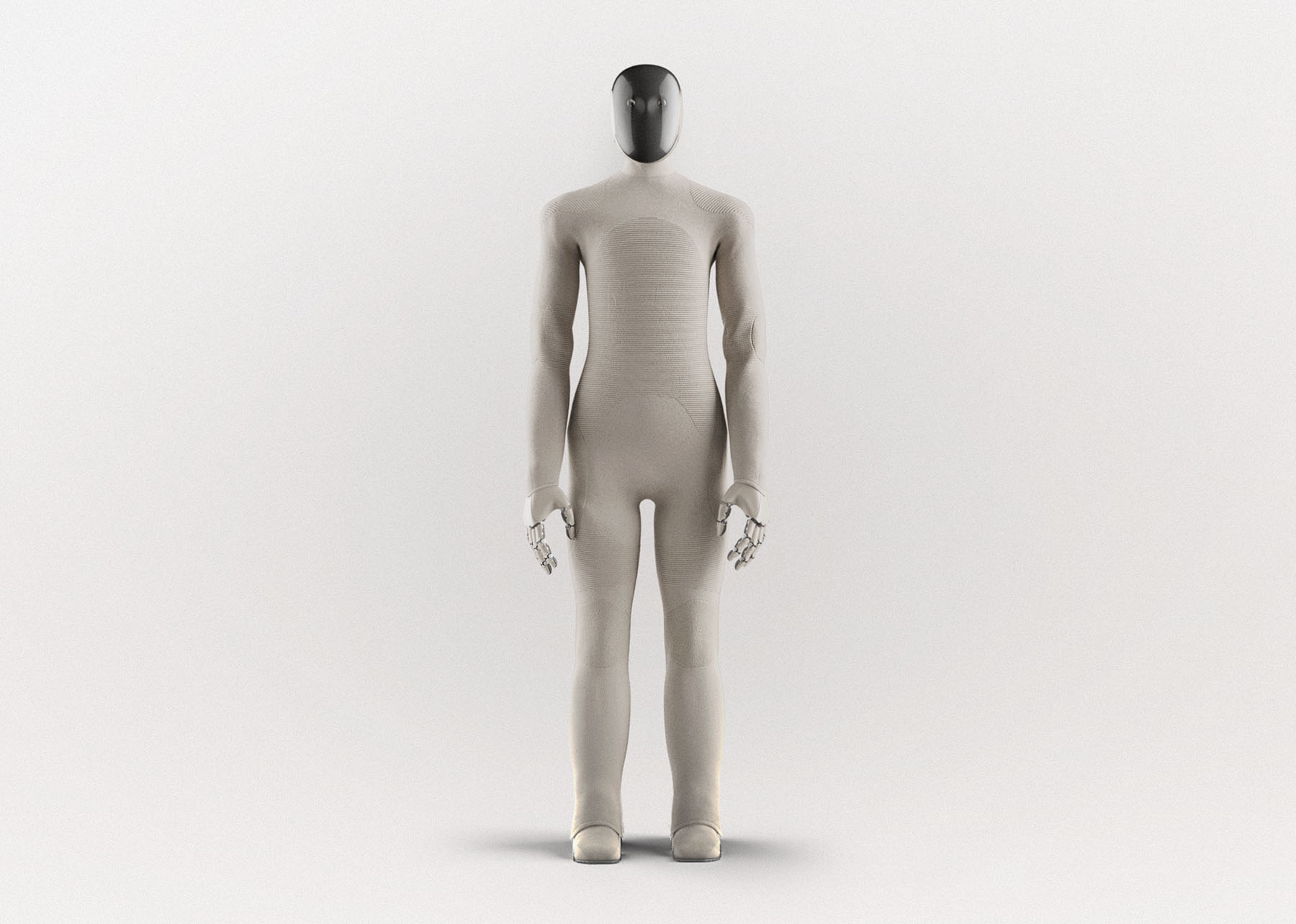 Humanoid robot standing upright with a sleek, minimalist design against a plain background, featuring metallic hands and a smooth, featureless face.