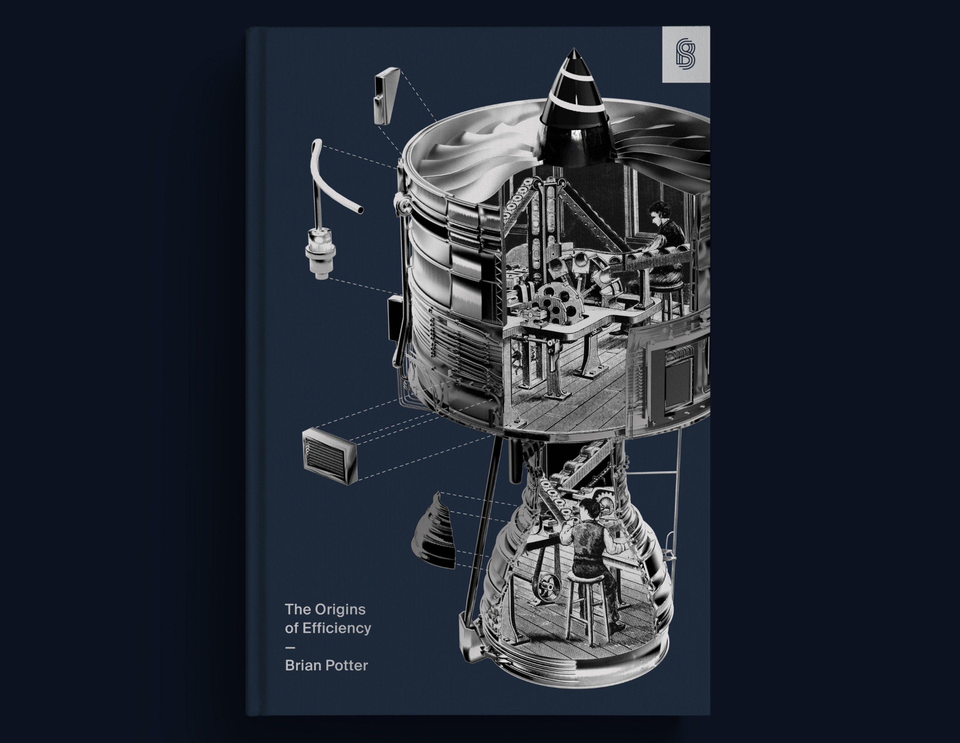 Book cover for "The Origins of Efficiency" by Brian Potter, featuring a detailed black-and-white illustration of industrial machinery integrated with a rocket engine.