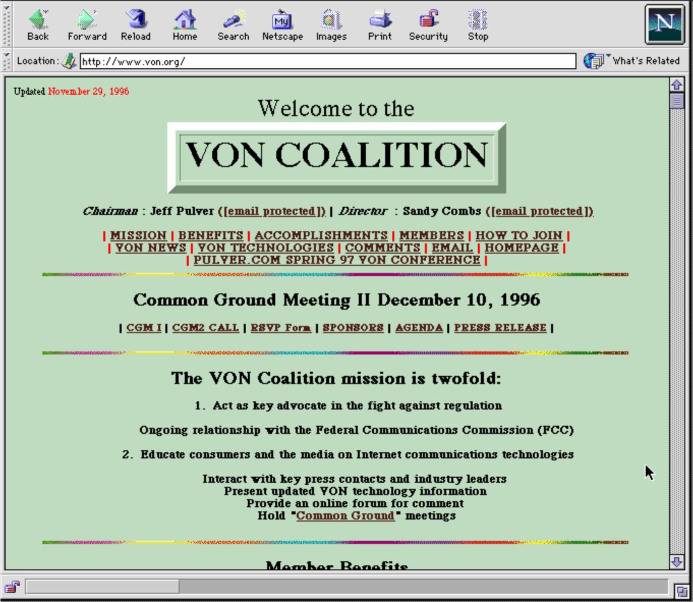 Screenshot of the VON Coalition website from 1996, featuring navigation links, mission statement, and information about an upcoming meeting.