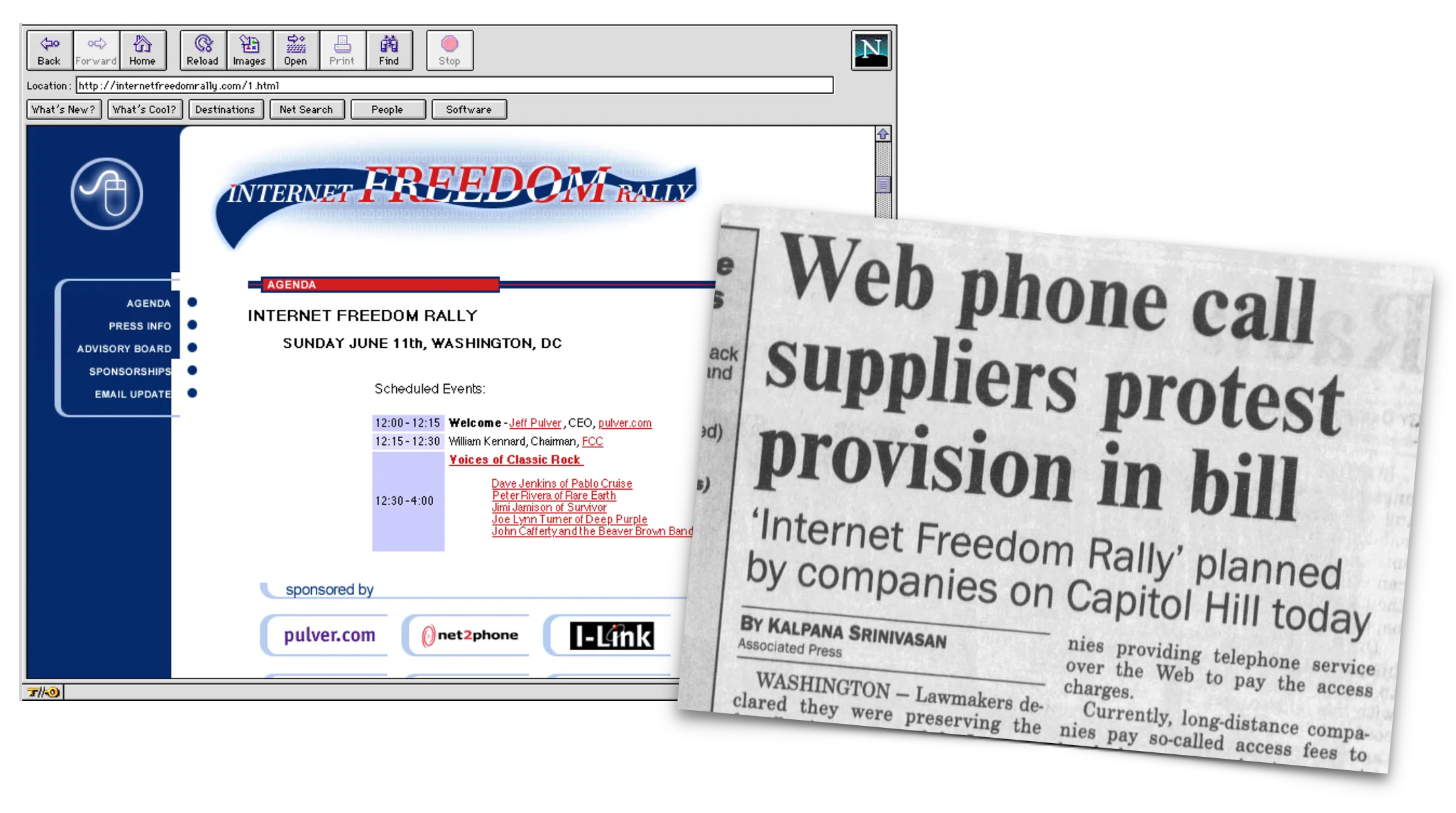 A computer screen displays an event page for the Internet Freedom Rally, overlaid by a newspaper headline about web phone call suppliers protesting a bill provision.