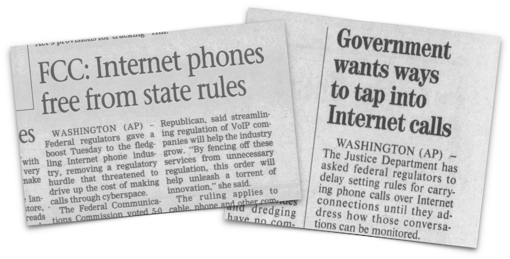 Two newspaper clippings discuss government decisions and regulation regarding Internet phone calls and the monitoring of Internet communications.
