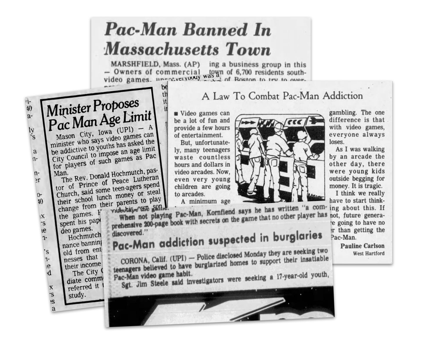 Three black-and-white newspaper clippings report on concerns and regulations about Pac-Man, including age limits, addiction laws, and game-related criminal activity.