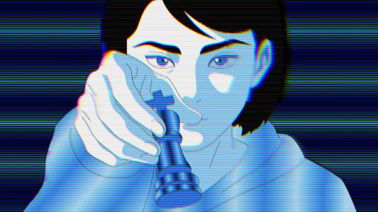 A person holding a chess piece, depicted in a stylized blue-toned digital art with horizontal glitch lines.
