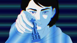 A person holding a chess piece, depicted in a stylized blue-toned digital art with horizontal glitch lines.