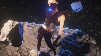A person in futuristic clothing and a mask stands on rocky terrain in space, with two floating boulders and a starry background.