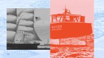 Split image showing a vintage sailing ship with an American flag on the left, and a modern electric boat labeled "NAVIER" on the right. Background features boat blueprint sketches.