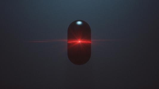 A single black pill with a glowing red horizontal light across its center, set against a dark background, evokes an AI-panic atmosphere.