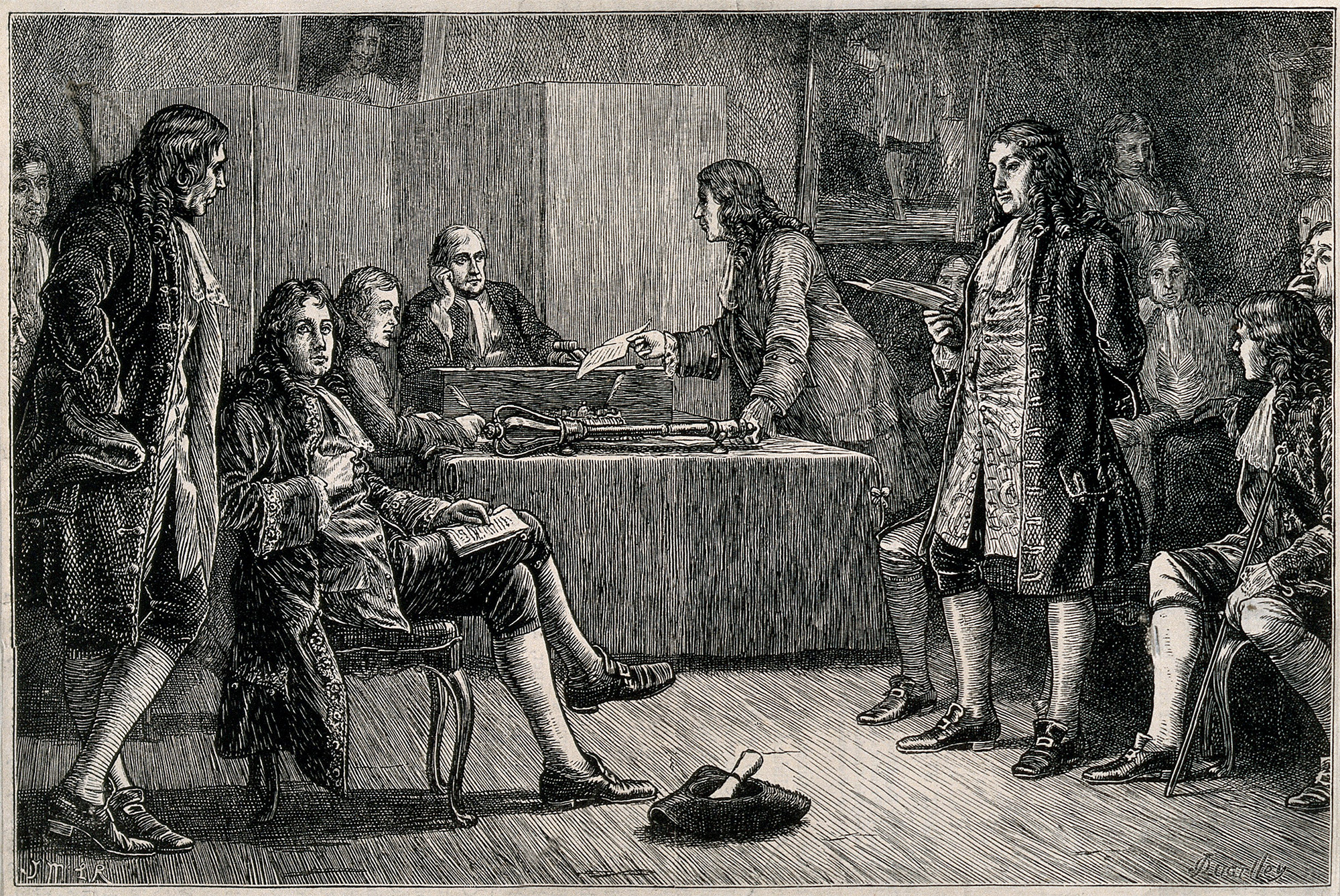 A historical courtroom scene with men in 17th-century attire; one man stands to speak while others sit and observe, with papers and wigs visible.