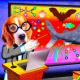 A dog wearing glasses stands at a podium with a laptop, pointing to a colorful evolution chart featuring animals, molecules, and insights into animal aging on a screen.