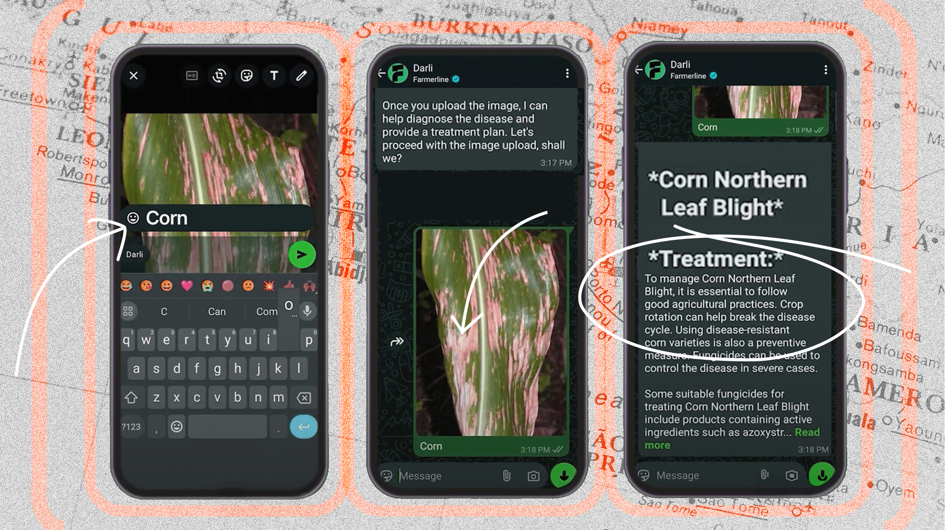 Three smartphone screens show an app identifying corn leaf blight. Text suggests treatments and offers detailed disease management information. Background features a faint map overlay.