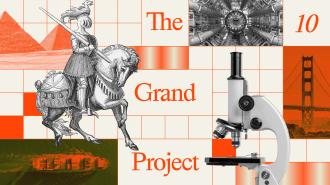 Collage featuring a knight on horseback, microscope, Golden Gate Bridge, geometric shapes, and the text "The 10 Grand Project" in bold red letters.