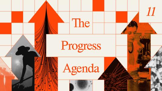 Abstract collage with arrows, a person skating, a woman using a microscope, scientific illustrations, and the text "The Progress Agenda 11" on a grid background.
