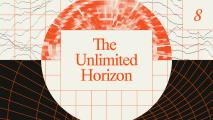 Abstract geometric design with red and black grid patterns, a central white rectangle displaying the text "The Unlimited Horizon," and the number 8 in the top right corner.
