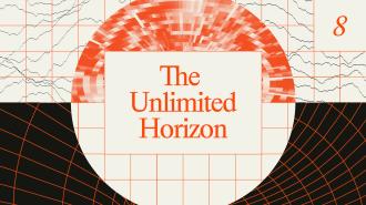 Abstract geometric design with red and black grid patterns, a central white rectangle displaying the text "The Unlimited Horizon," and the number 8 in the top right corner.