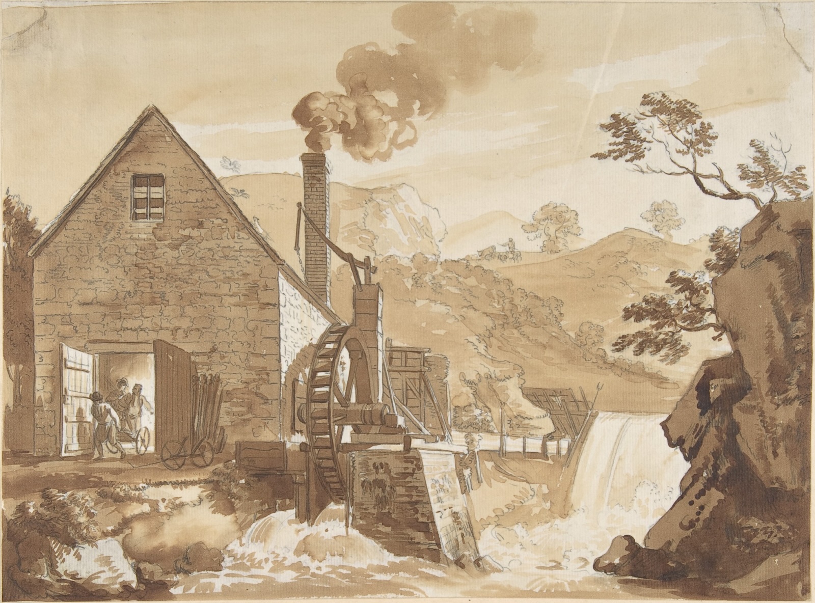 A stone watermill with a waterwheel sits by a river and waterfall; smoke rises from its chimney as two people work near the open doorway.