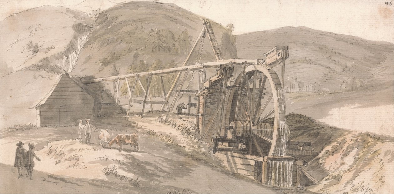 A large wooden waterwheel and structure are set near a farmhouse by hills, with people, cows, and a small shed in the background. The scene appears rural and historical.