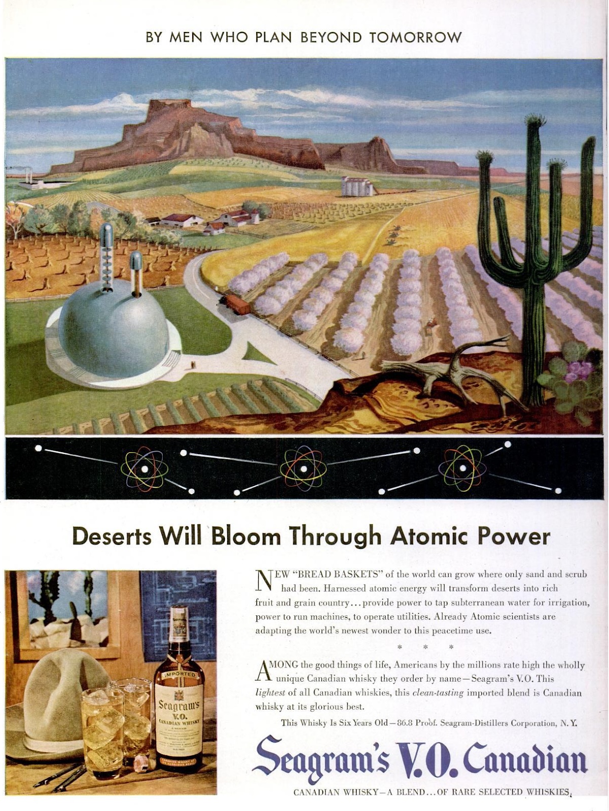 An illustrated ad shows atomic energy powering irrigation in a desert, with crops, a dome-shaped reactor, and Seagram's V.O. Canadian whisky bottles in the foreground.