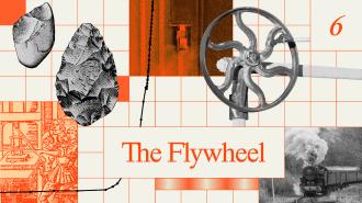Collage with stone tools, a flywheel, a vintage train, and a graph on a grid background; text reads “The Flywheel” with the number 6 in the top right corner.
