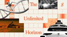 A collage with a DNA strand, a virus, a tomato, an airplane, an autonomous car, and the text "The Unlimited Horizon 8" on a grid background.