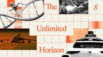 A collage with a DNA strand, a virus, a tomato, an airplane, an autonomous car, and the text "The Unlimited Horizon 8" on a grid background.