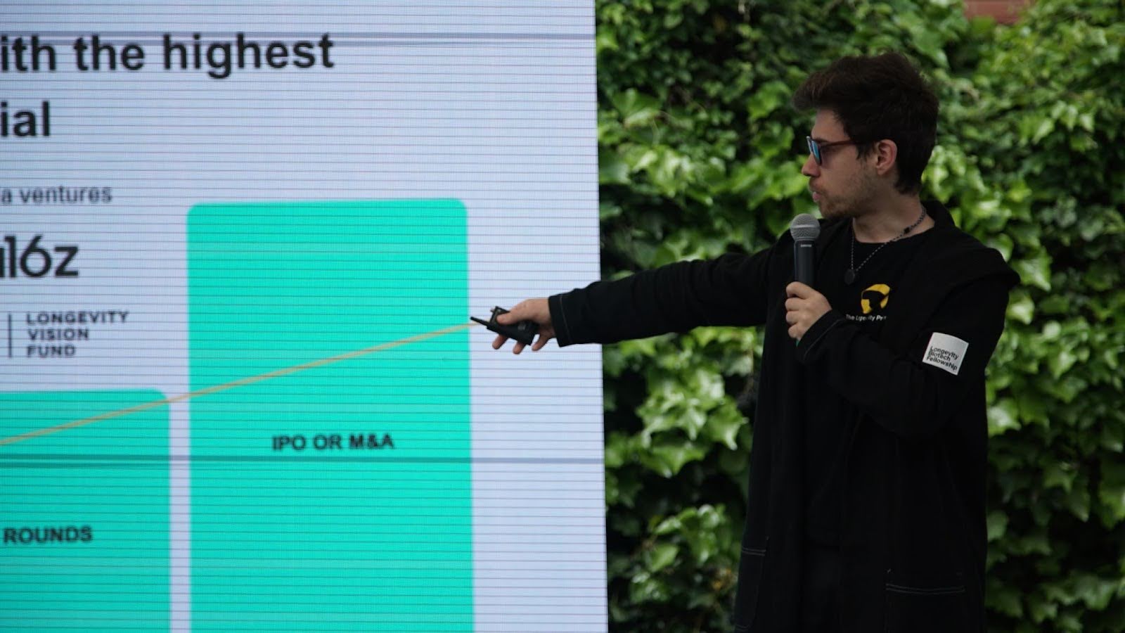 A man wearing sunglasses and holding a microphone points at a large presentation slide featuring a graph with the labels "IPO OR M&A" and "a16z.