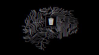 A digital illustration of a circuit board shaped like a brain, featuring a trash bin icon in the center, evokes digital fossils against a black background.