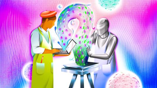 A human and a robot stand by a question mark-shaped swirl of data, both vibe coding as they interact with it using a laptop and gestures, against a colorful abstract background.