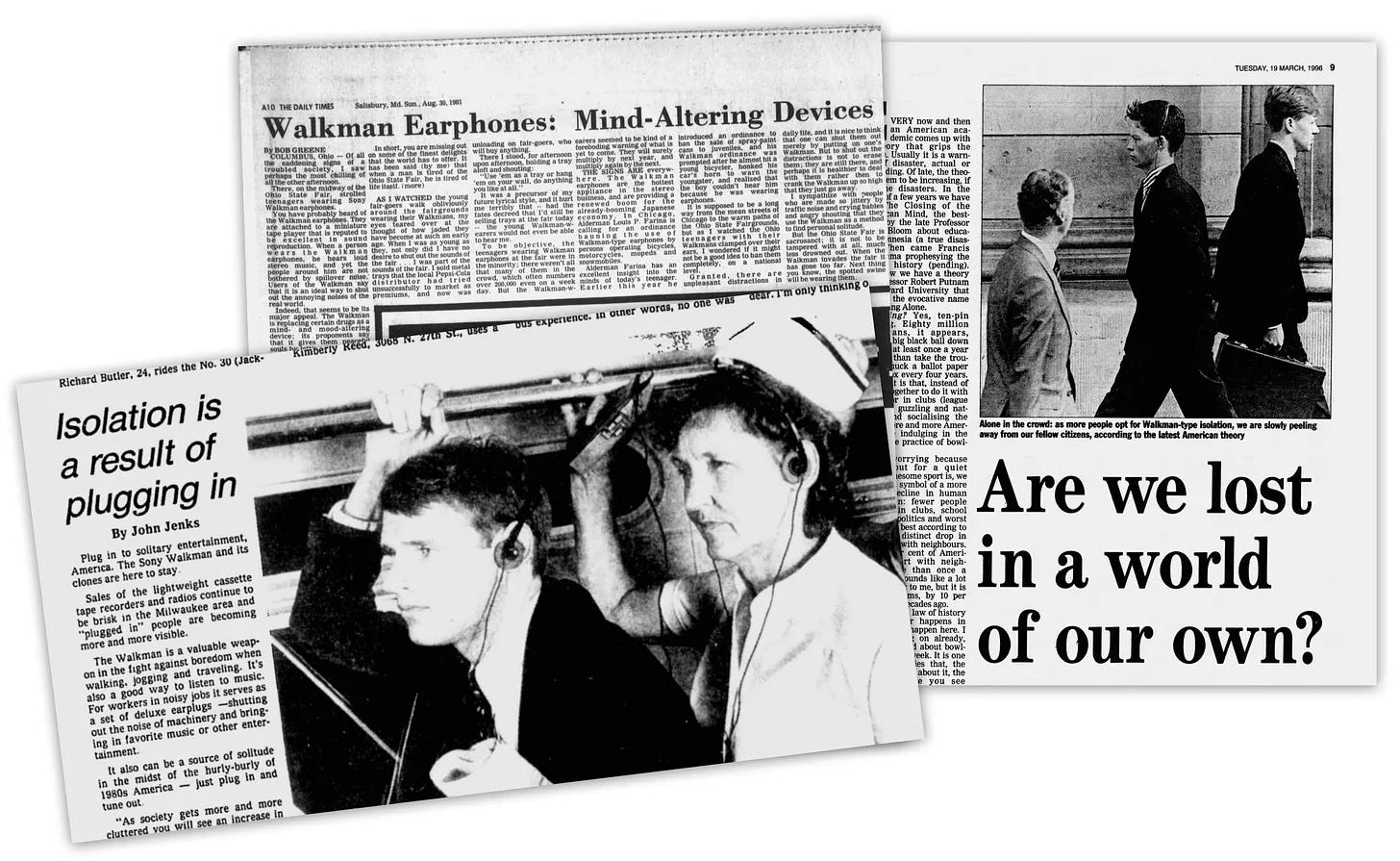 Vintage newspaper clippings discuss the social impact of Walkman headphones, featuring headlines and black-and-white photos of people wearing headphones in public settings.