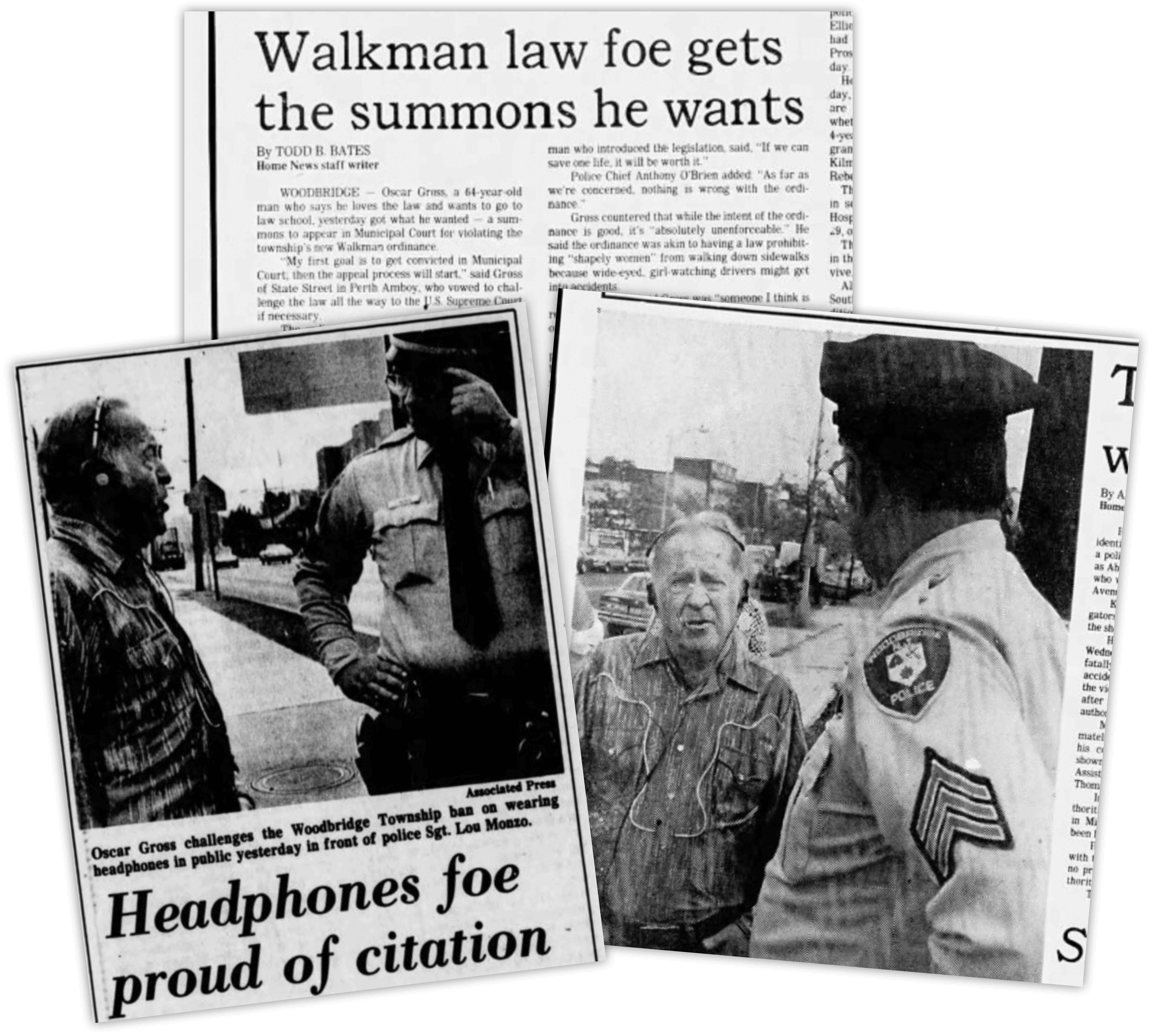 Two black-and-white newspaper clippings show a man being cited by a police officer for wearing headphones in public, with headlines discussing opposition to the Walkman law.