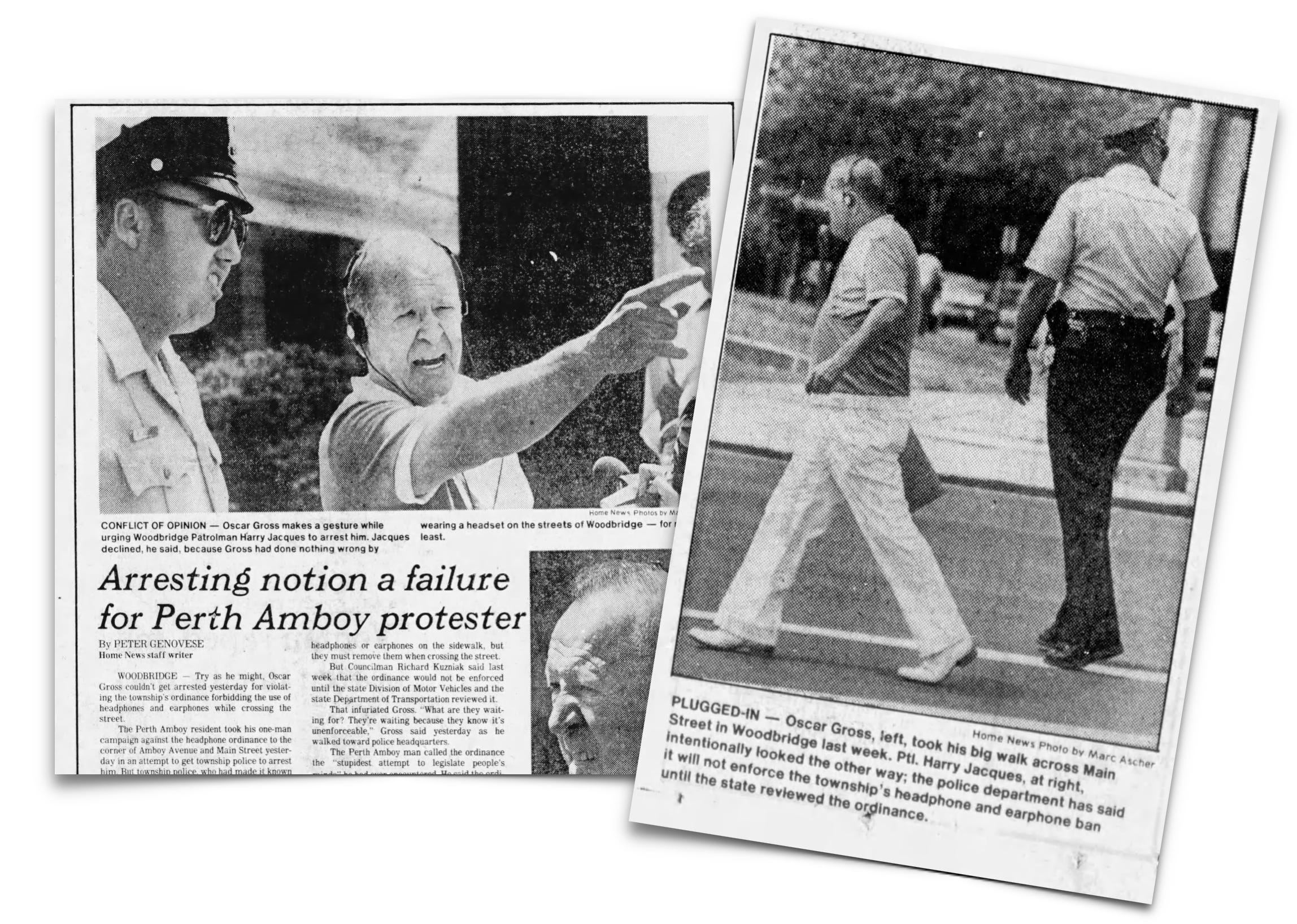Two black-and-white newspaper photos show a man interacting with police officers; one image shows a discussion, the other shows an officer walking with the man in handcuffs.