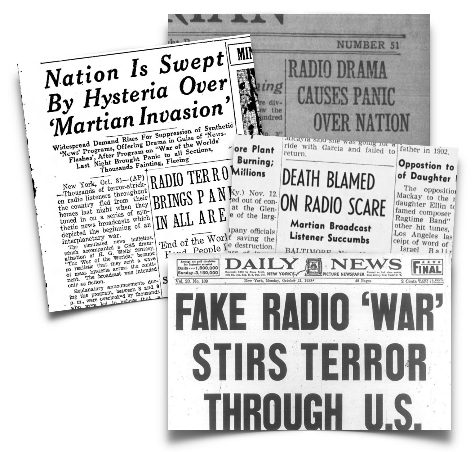 A collage of newspaper headlines reporting public panic and terror following the 1938 radio broadcast of "The War of the Worlds.