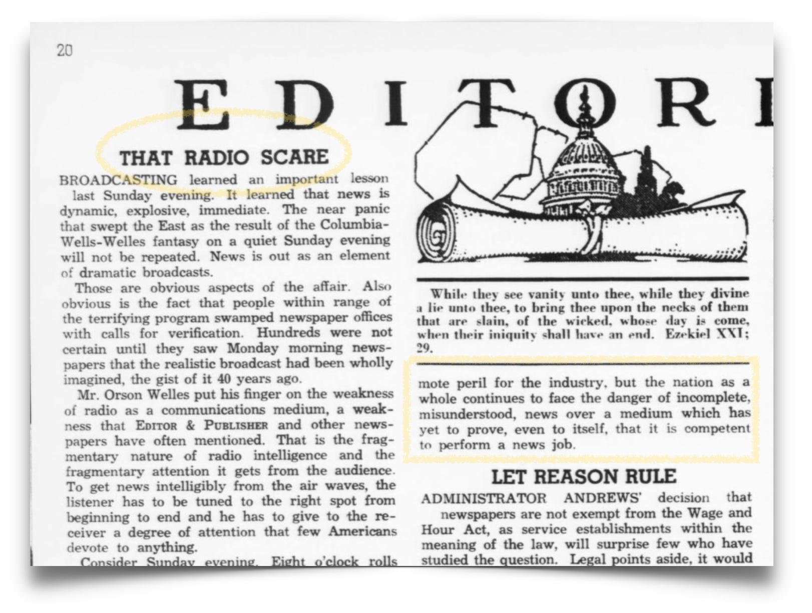 A newspaper editorial page discusses the public's reaction to a radio broadcast, referencing "The Radio Scare" and highlighting areas of text with circles.