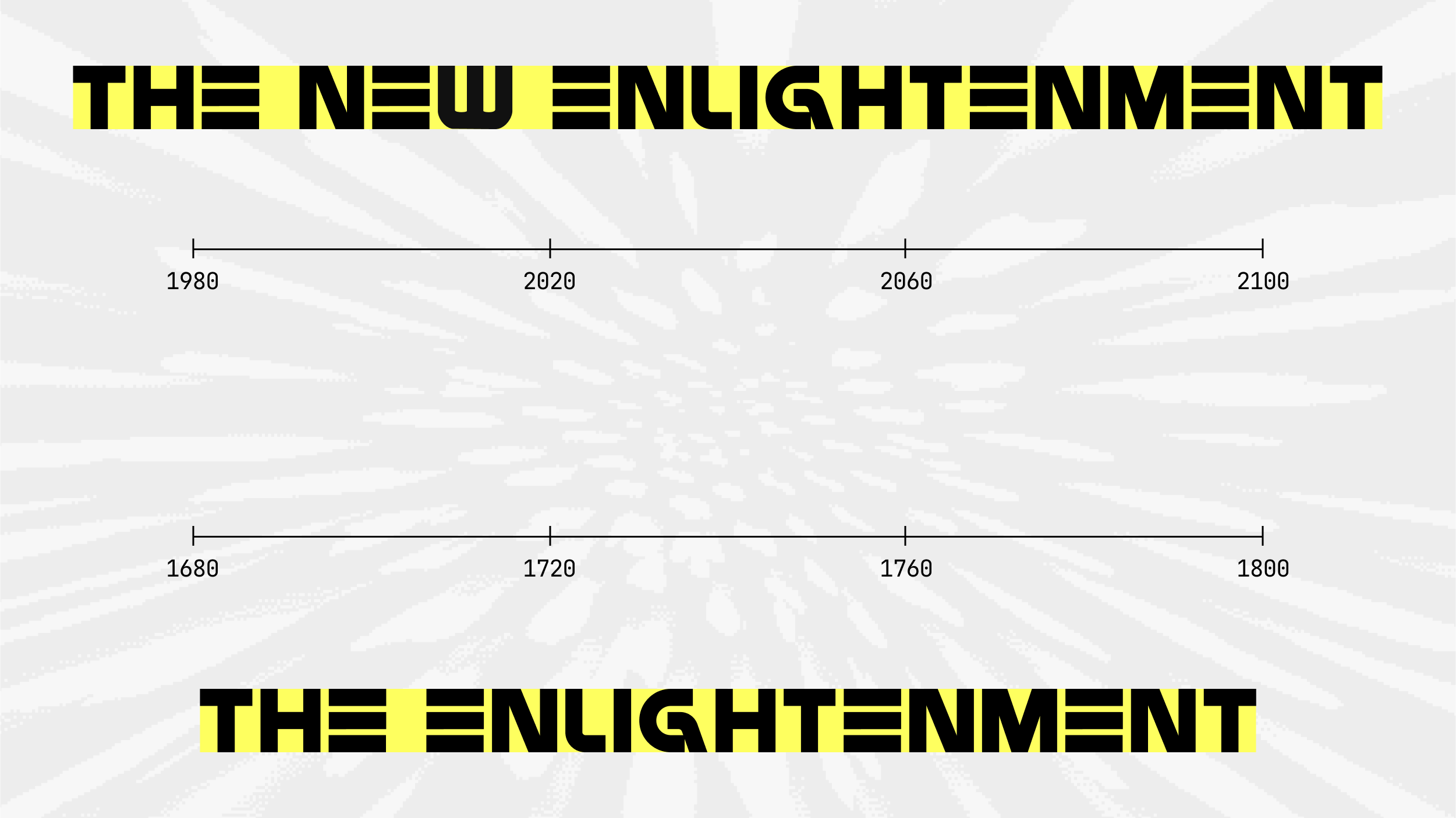 A timeline graphic labeled "The New Enlightenment" (1980&ndash;2100) and "The Enlightenment" (1680&ndash;1800) with stylized black and yellow text on a patterned background.