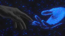 A human hand reaches toward a glowing, blue holographic deadbot hand against a dark background with scattered points of light.